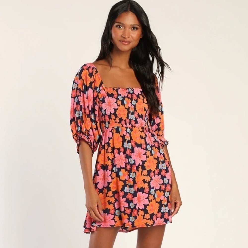 Lulus Navy Pink Orange Floral Smocked Puff Sleeve Mini Dress Size M